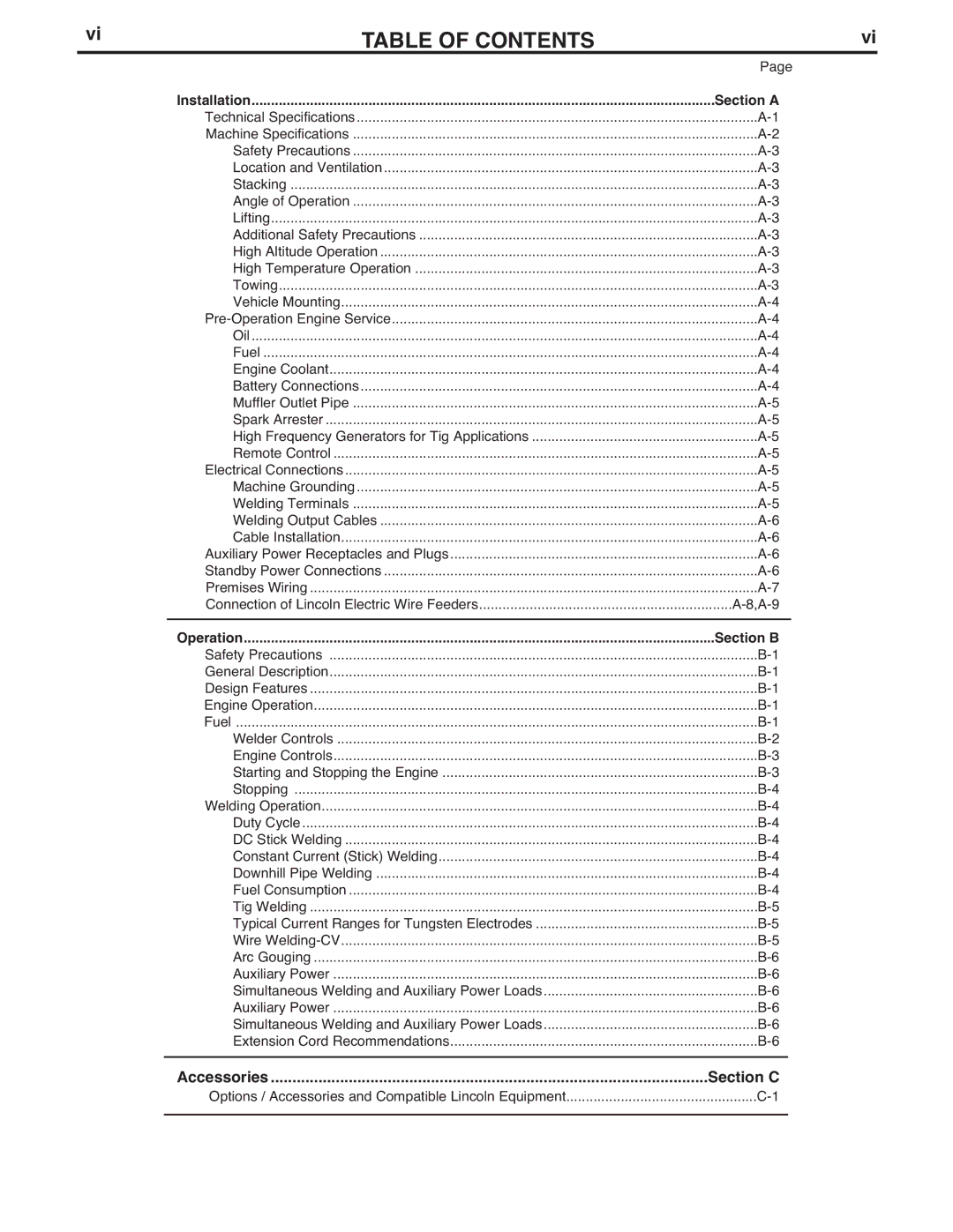 Lincoln Electric 305G manual Table of Contents 