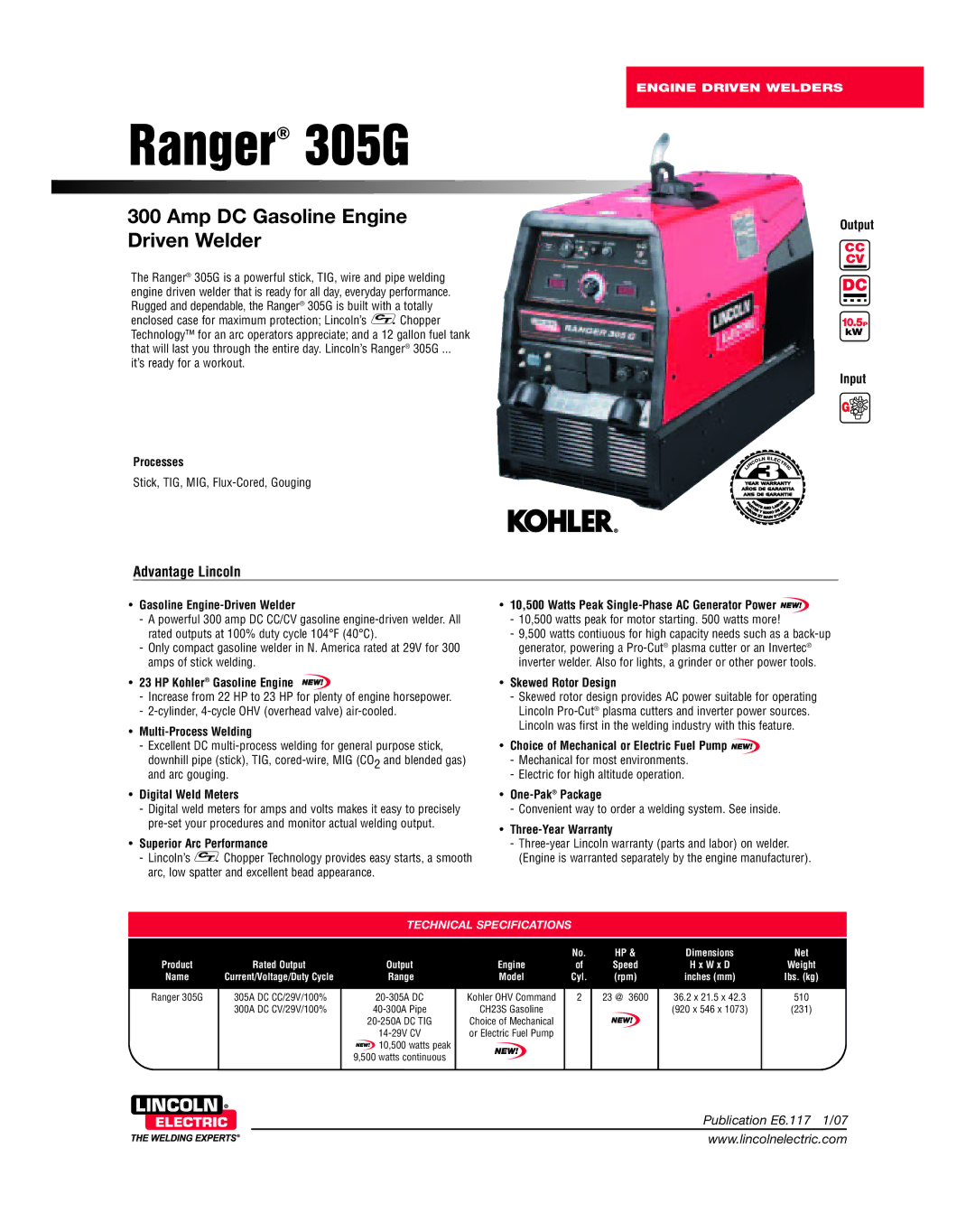 Lincoln Electric dimensions Ranger 305G, Technical Specifications 