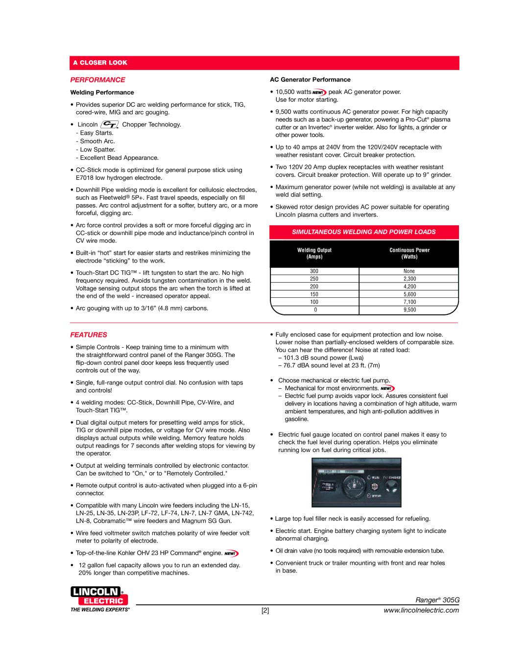 Lincoln Electric 305G Features, Welding Performance, AC Generator Performance, Simultaneous Welding and Power Loads 