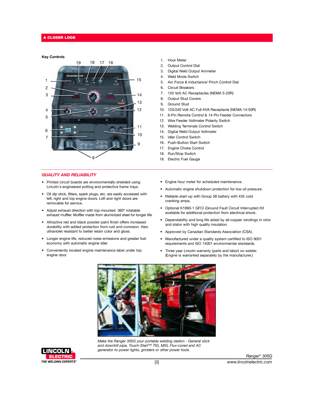 Lincoln Electric 305G dimensions Quality and Reliability, Key Controls 