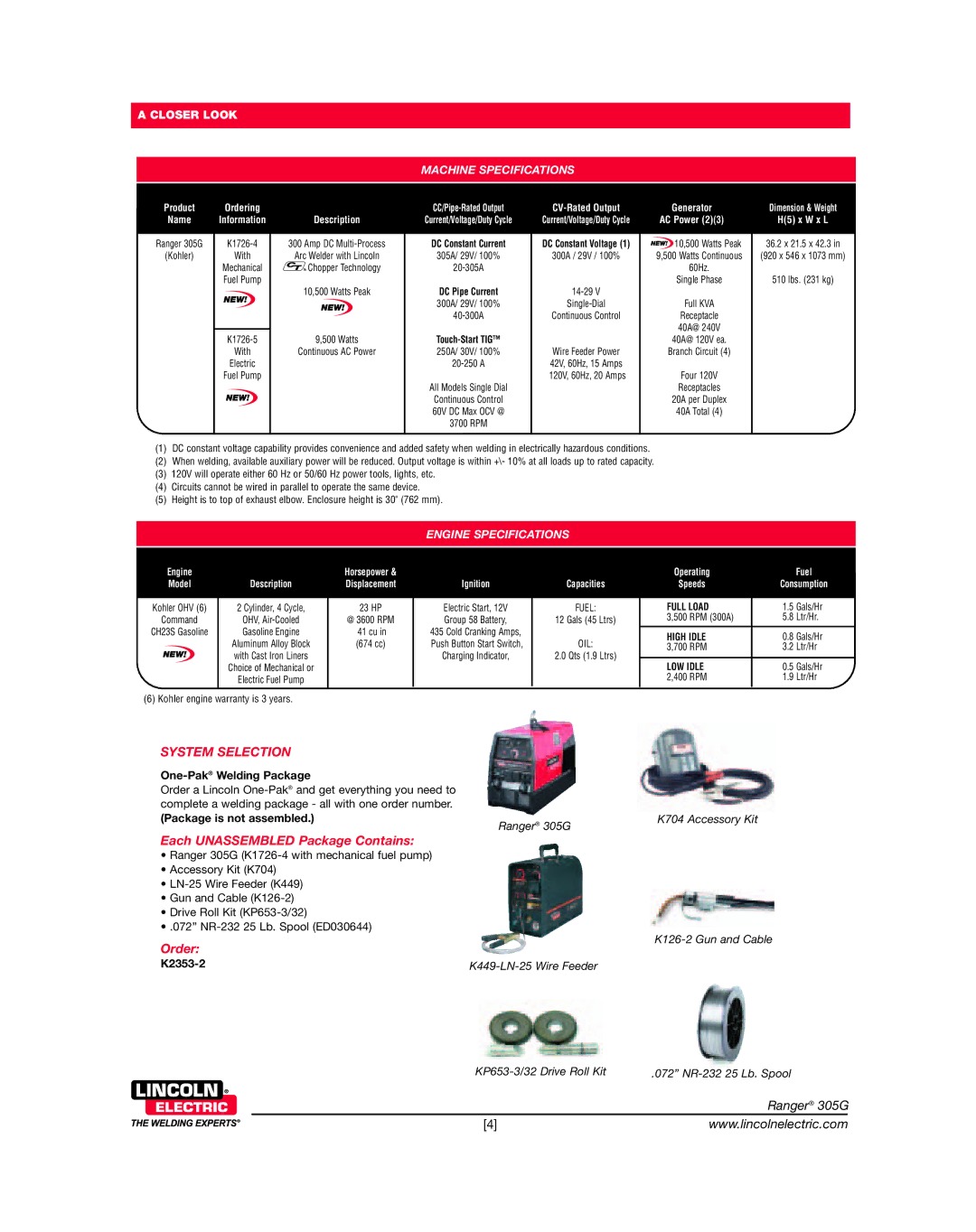 Lincoln Electric 305G dimensions System Selection, Machine Specifications, Engine Specifications 