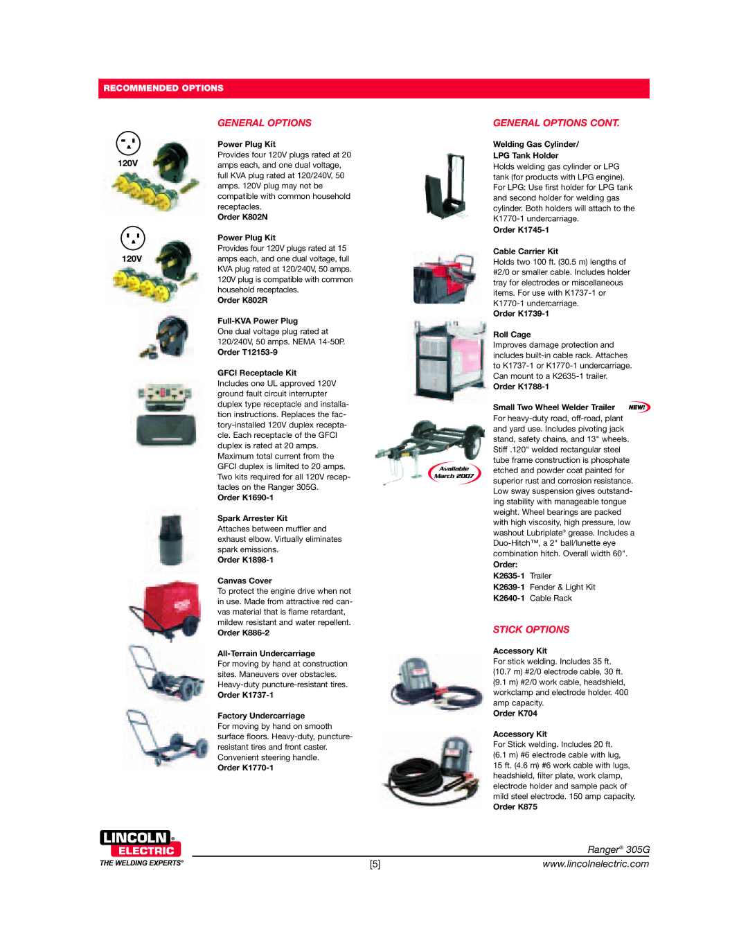 Lincoln Electric 305G dimensions General Options, Stick Options 