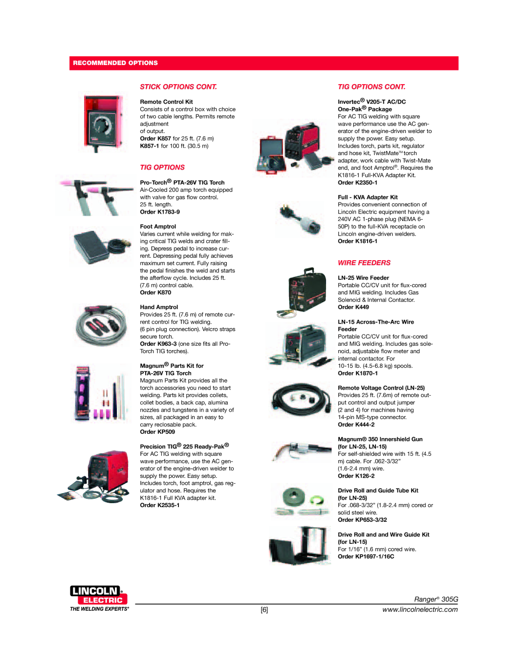 Lincoln Electric 305G dimensions TIG Options, Wire Feeders 