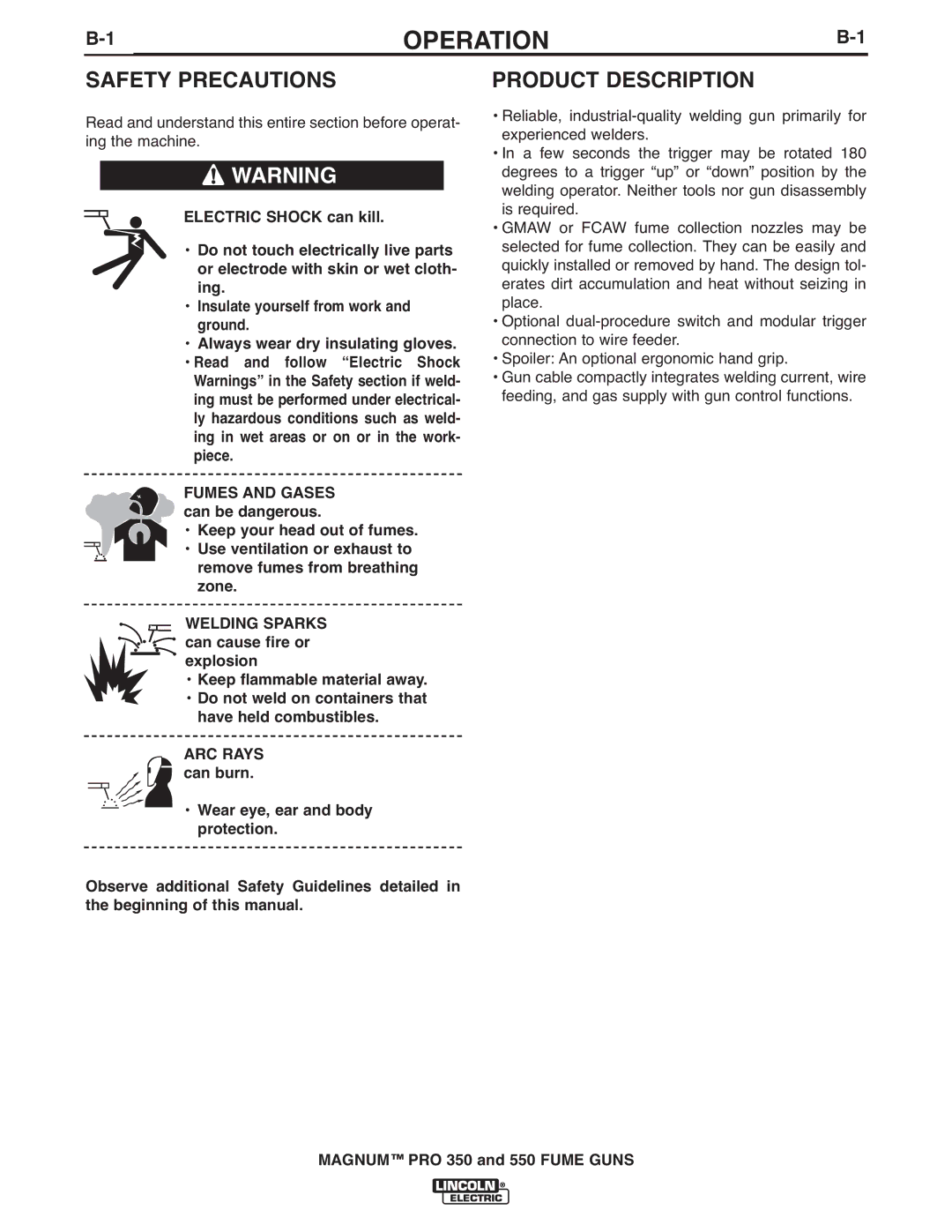 Lincoln Electric 350, 550 manual Operation, Product Description 