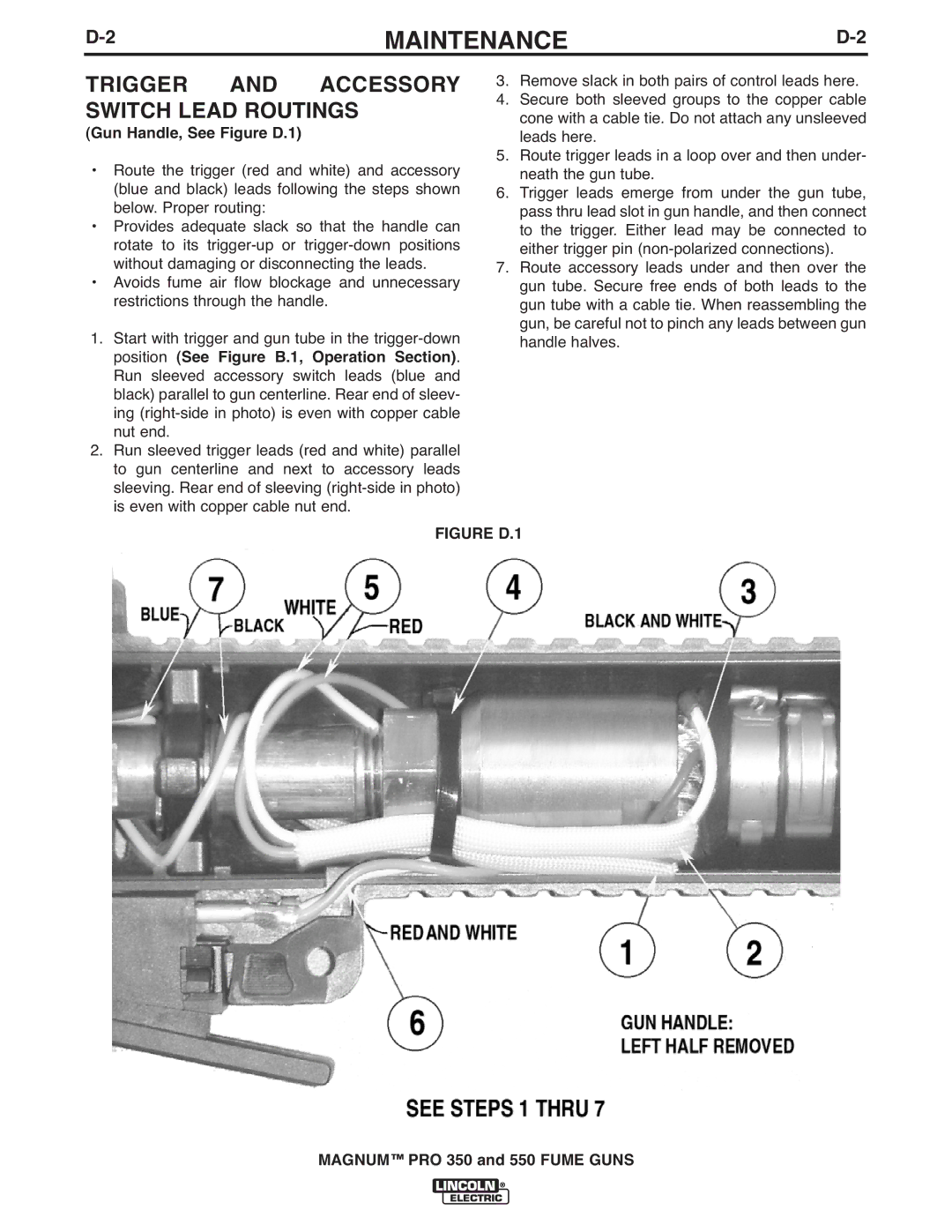 Lincoln Electric 550, 350 manual Trigger and Accessory Switch Lead Routings, Gun Handle, See Figure D.1 