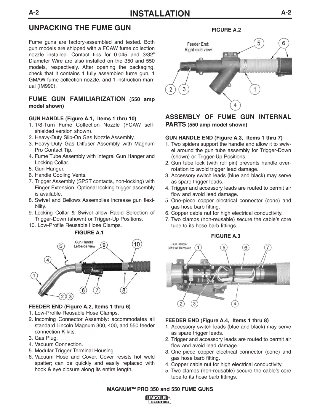 Lincoln Electric 550, 350 Unpacking the Fume GUN, Feeder END Figure A.2, Items 1 thru, Feeder END Figure A.4, Items 1 thru 