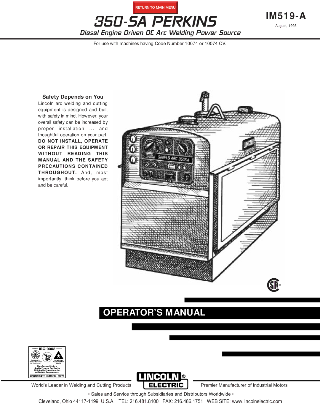 Lincoln Electric 350-SA manual SA Perkins, Safety Depends on You 