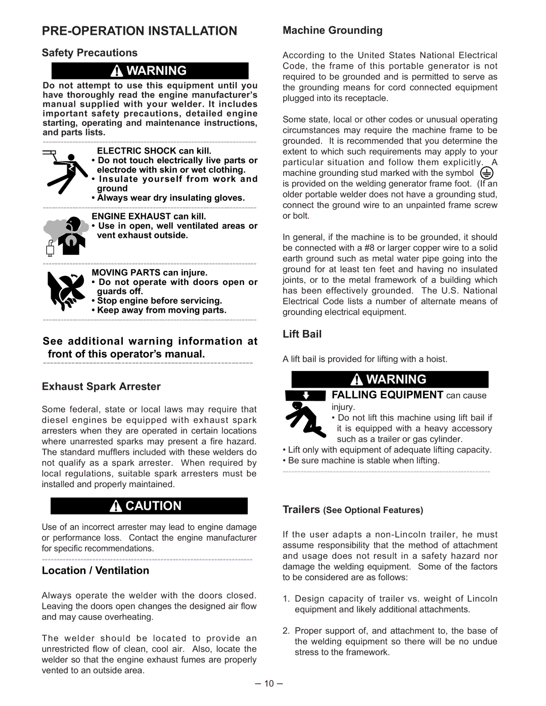 Lincoln Electric 350-SA manual PRE-OPERATION Installation, Safety Precautions, Machine Grounding, Exhaust Spark Arrester 