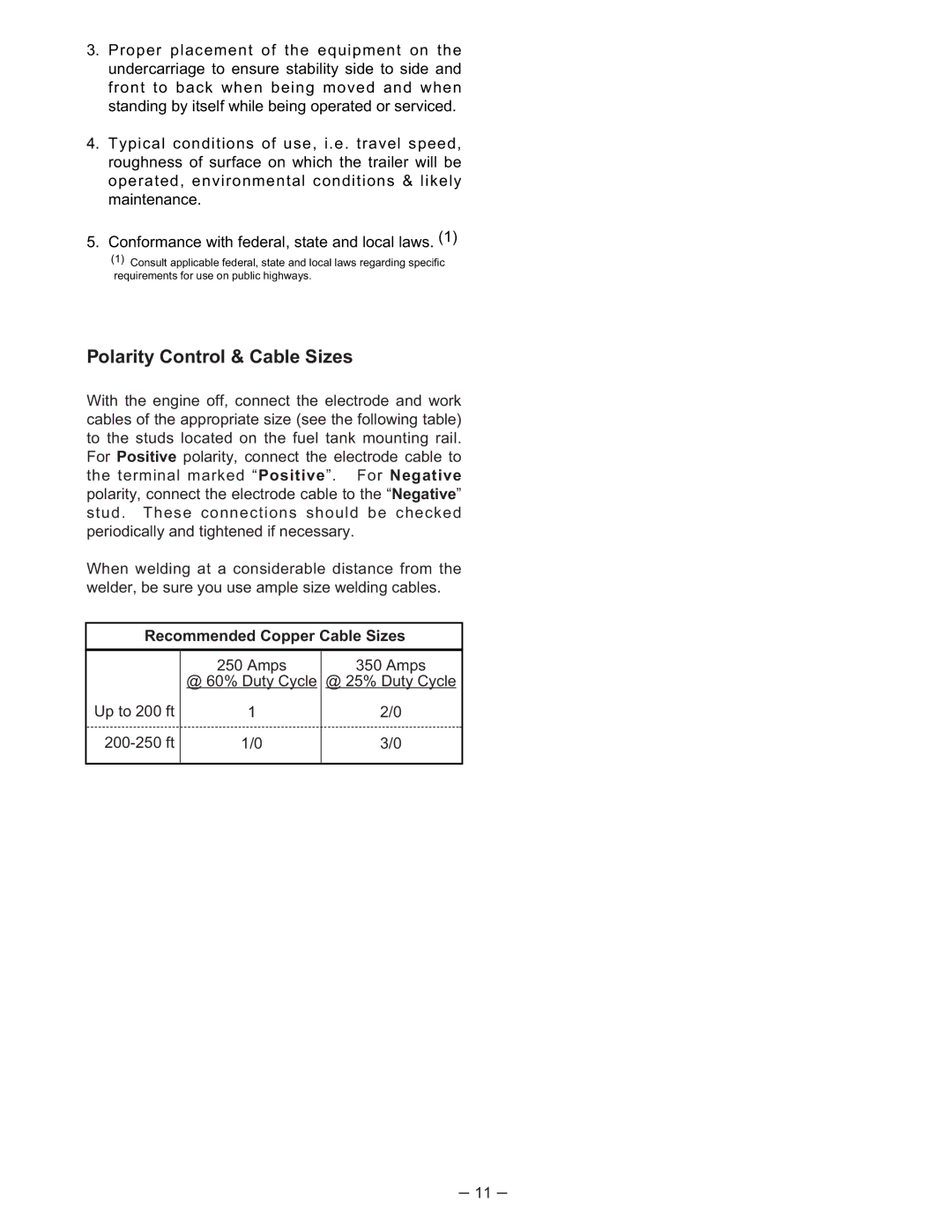 Lincoln Electric 350-SA manual Polarity Control & Cable Sizes, Recommended Copper Cable Sizes 