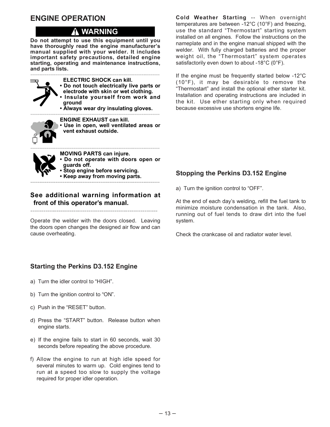 Lincoln Electric 350-SA manual Engine Operation, Starting the Perkins D3.152 Engine, Stopping the Perkins D3.152 Engine 