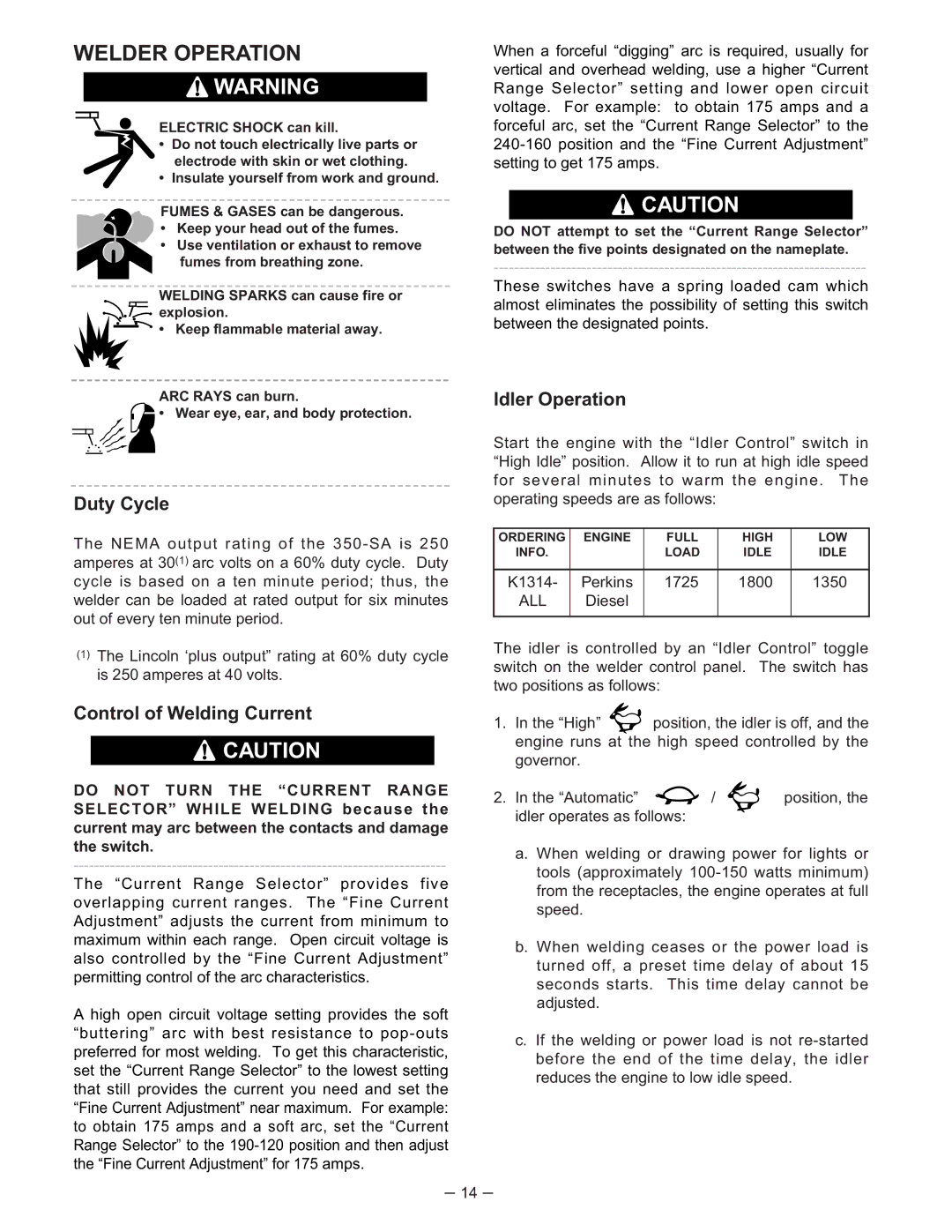Lincoln Electric 350-SA manual Welder Operation, Duty Cycle, Control of Welding Current, Idler Operation 