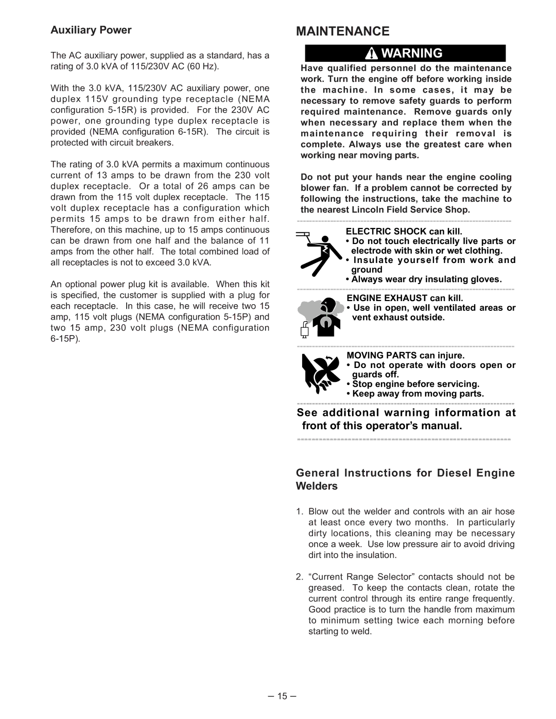 Lincoln Electric 350-SA manual Maintenance, General Instructions for Diesel Engine Welders 