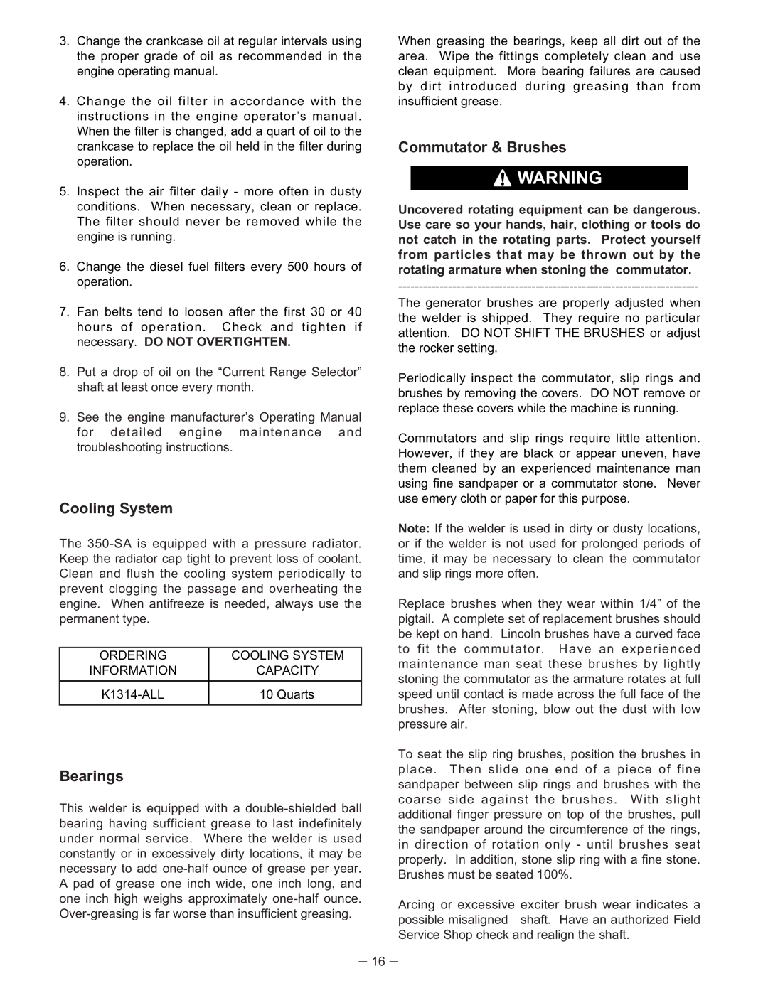 Lincoln Electric 350-SA manual Bearings, Commutator & Brushes 