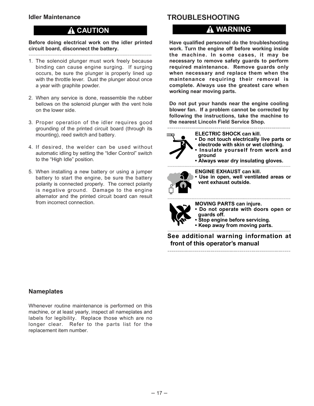 Lincoln Electric 350-SA manual Troubleshooting, Idler Maintenance, Nameplates 