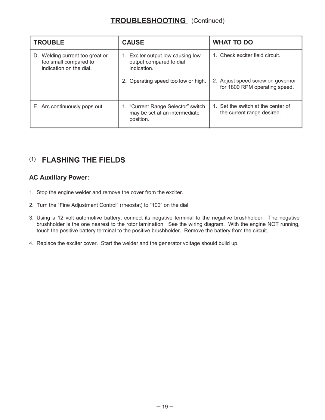 Lincoln Electric 350-SA manual Flashing the Fields, AC Auxiliary Power 