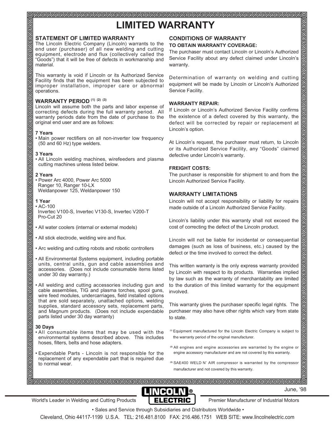 Lincoln Electric 350-SA manual Limited Warranty 