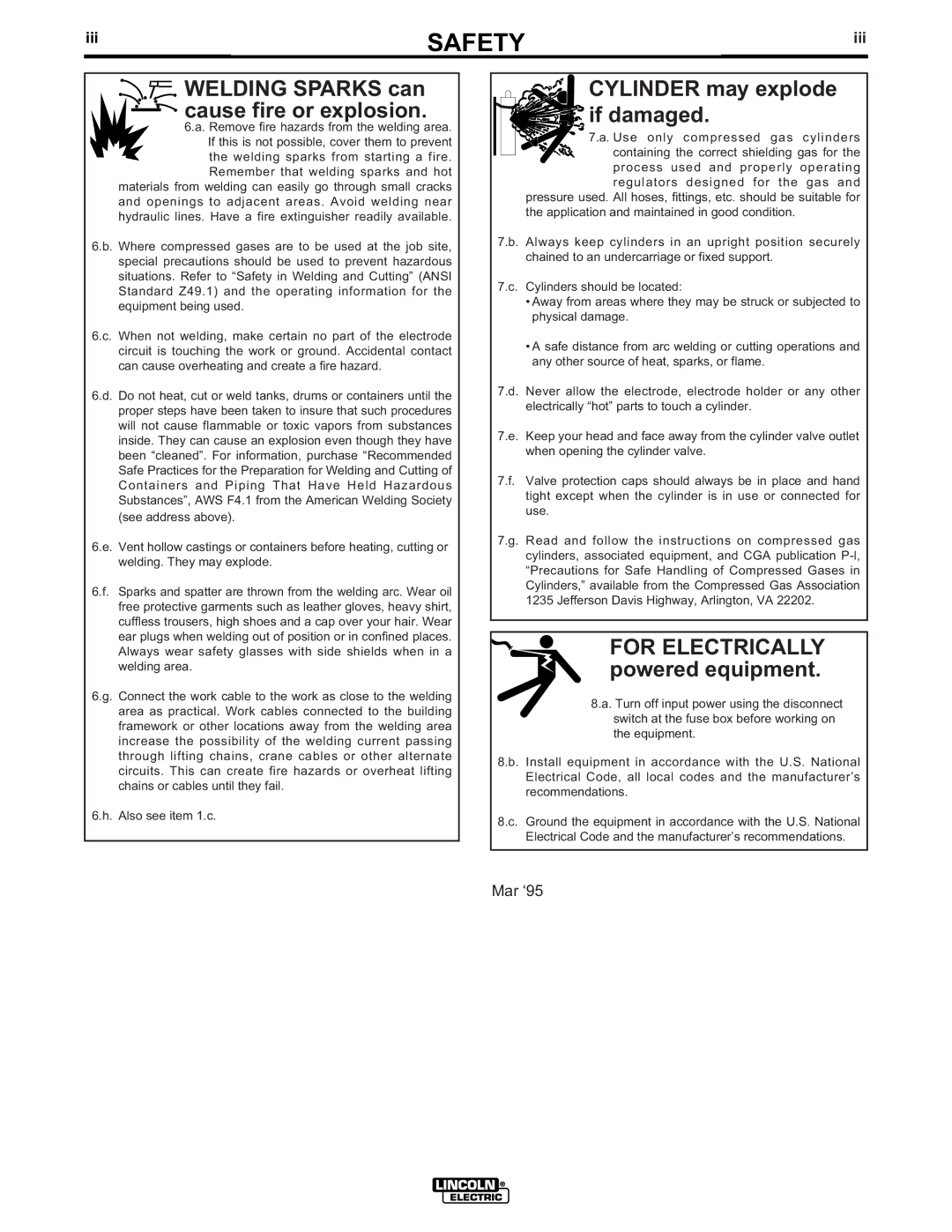 Lincoln Electric 350-SA manual Welding Sparks can cause fire or explosion, Iii 