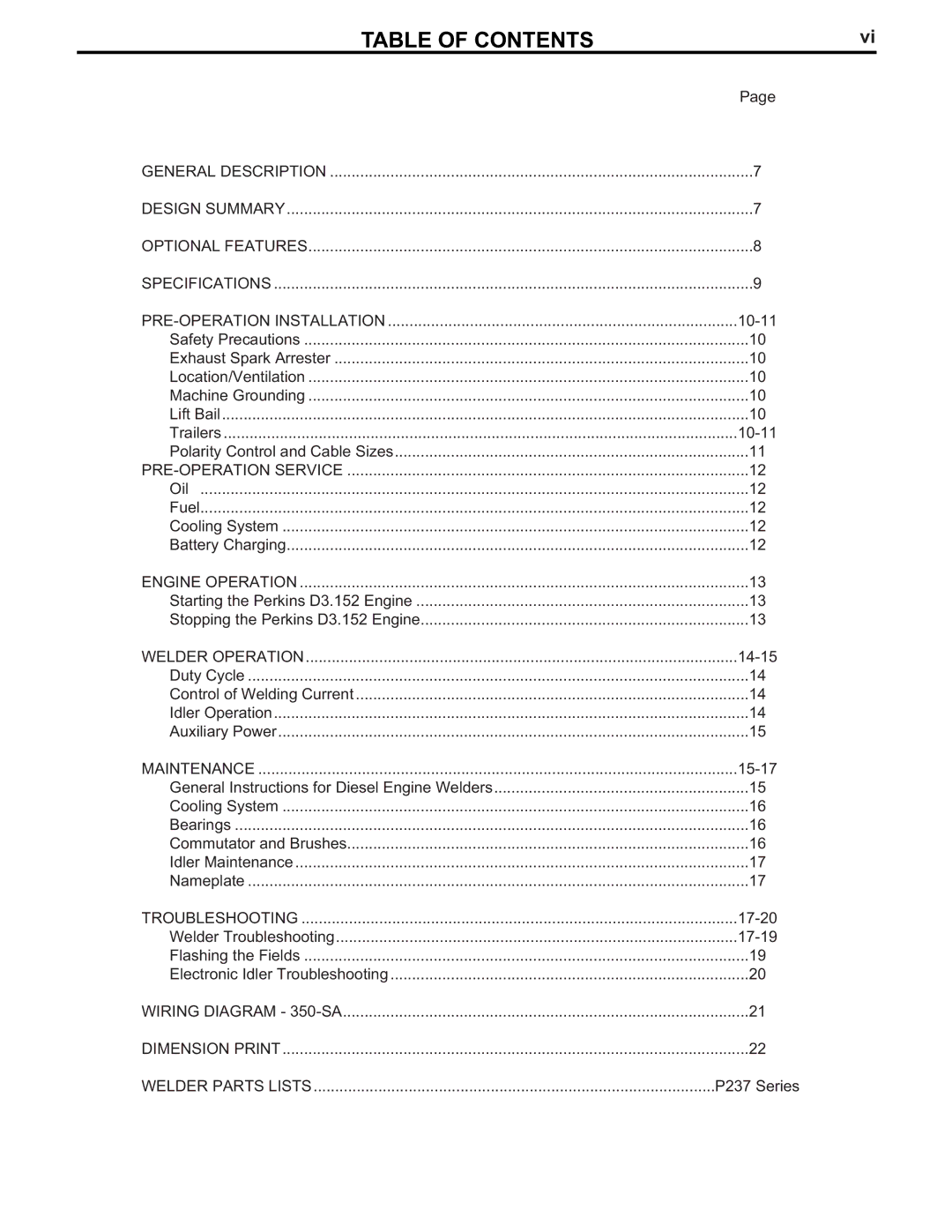 Lincoln Electric 350-SA manual Table of Contents 