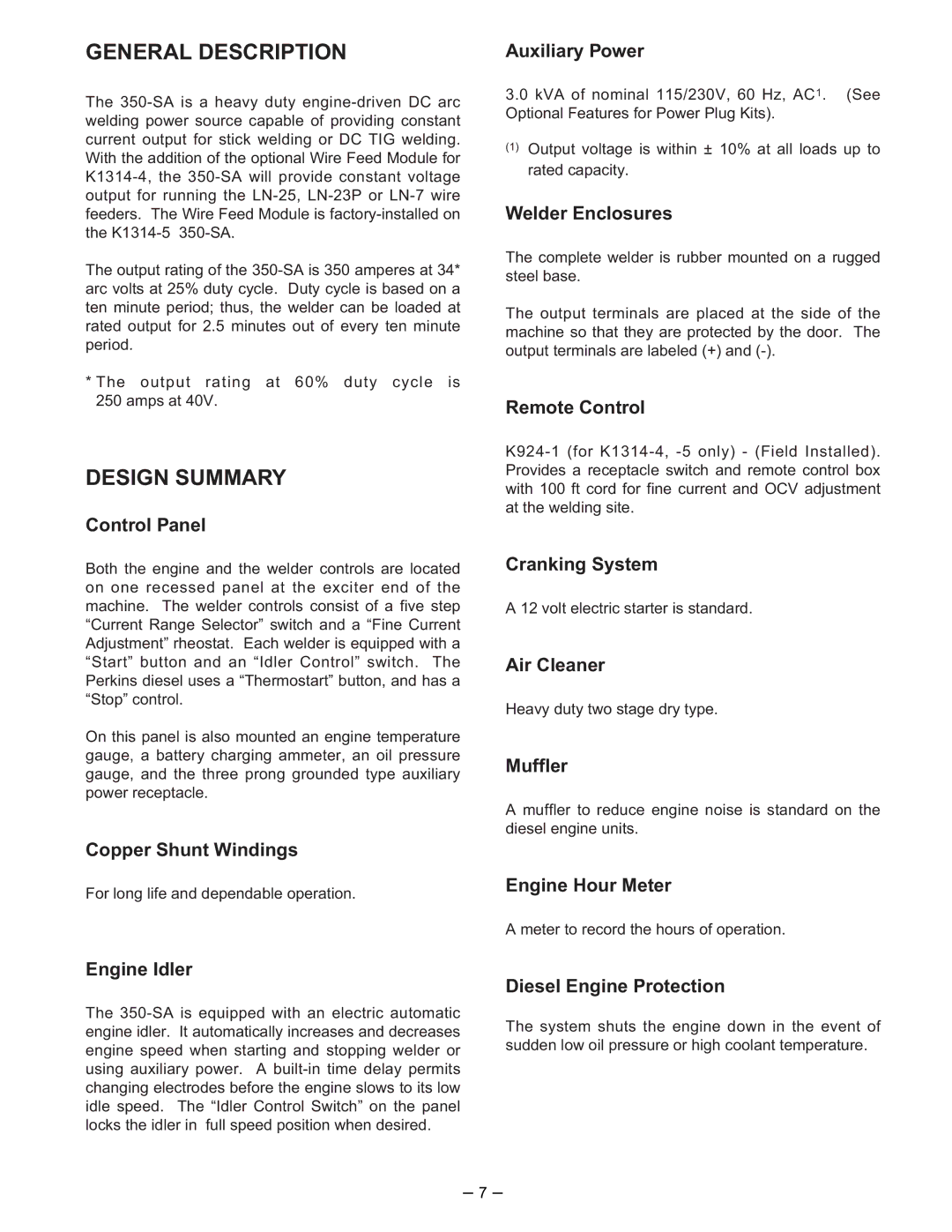 Lincoln Electric 350-SA manual General Description, Design Summary 