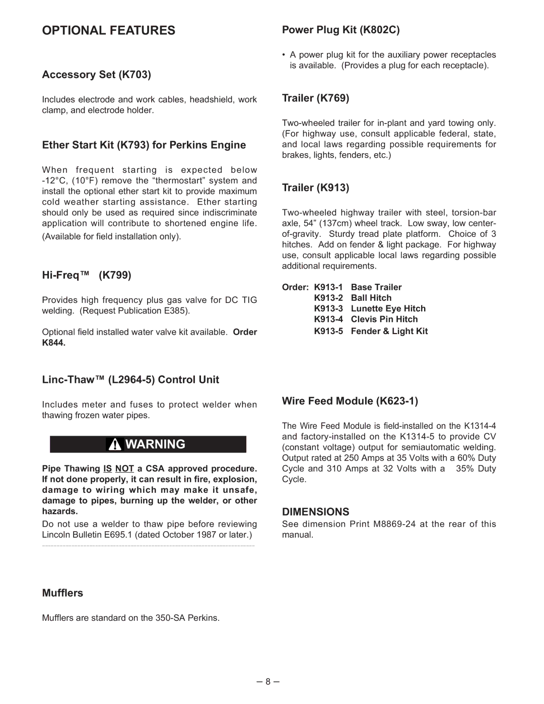 Lincoln Electric 350-SA manual Optional Features 