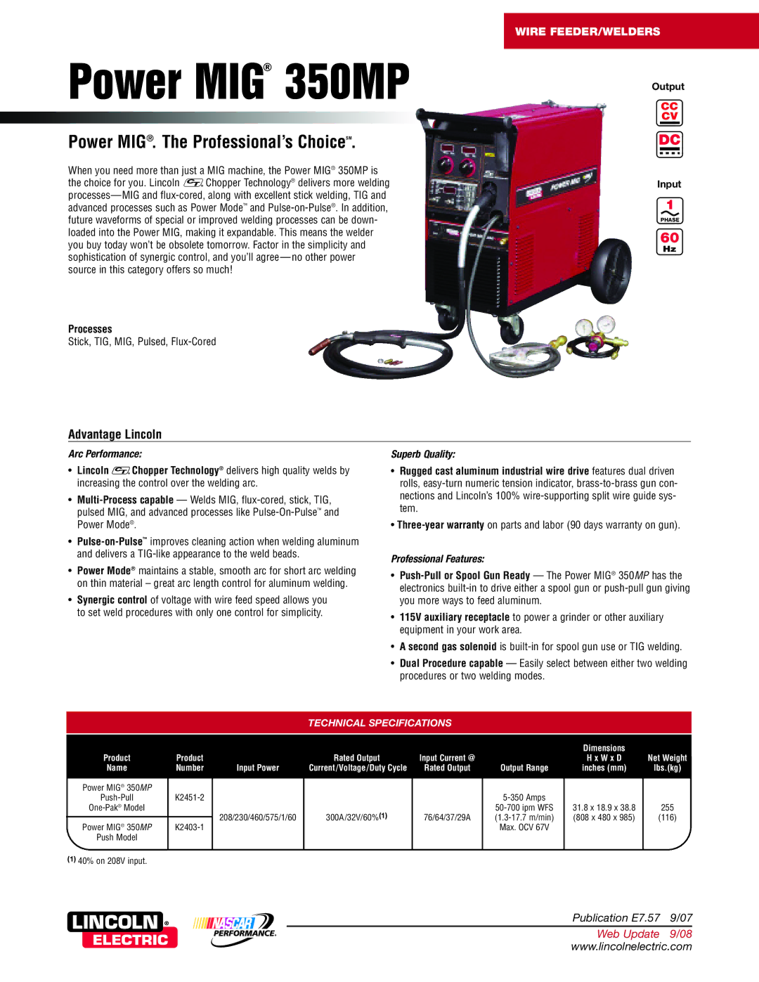 Lincoln Electric 350MP warranty Output Input, Technical Specifications 