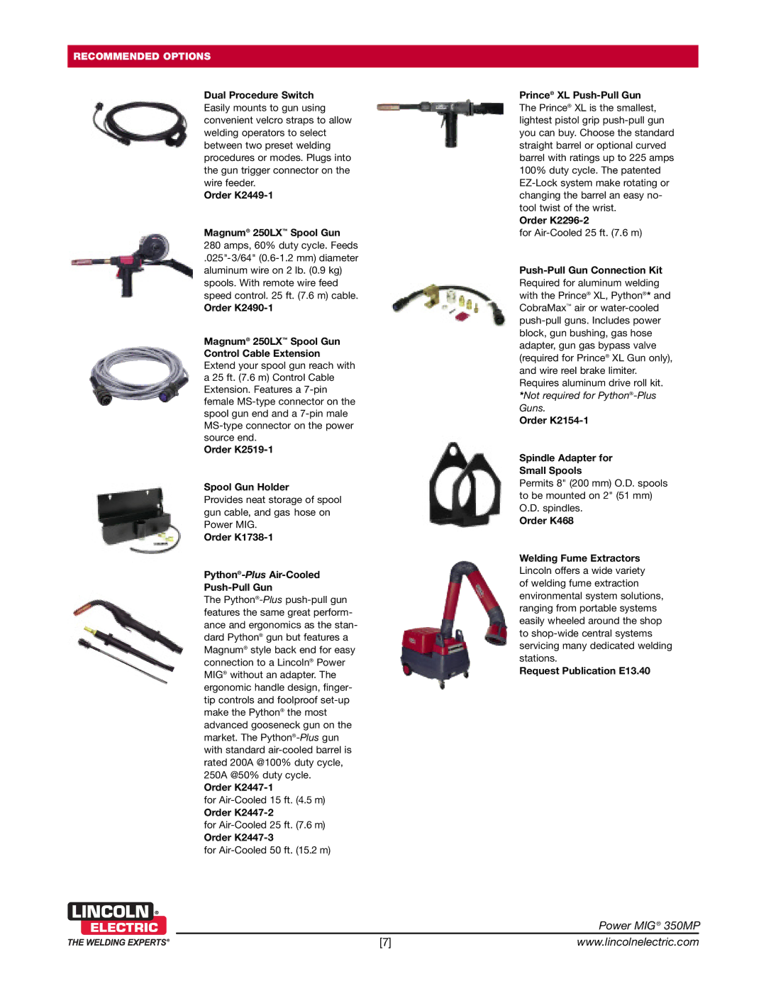 Lincoln Electric 350MP warranty Dual Procedure Switch, Order K2449-1 Magnum 250LX Spool Gun, Order K2447-1, Order K2447-2 