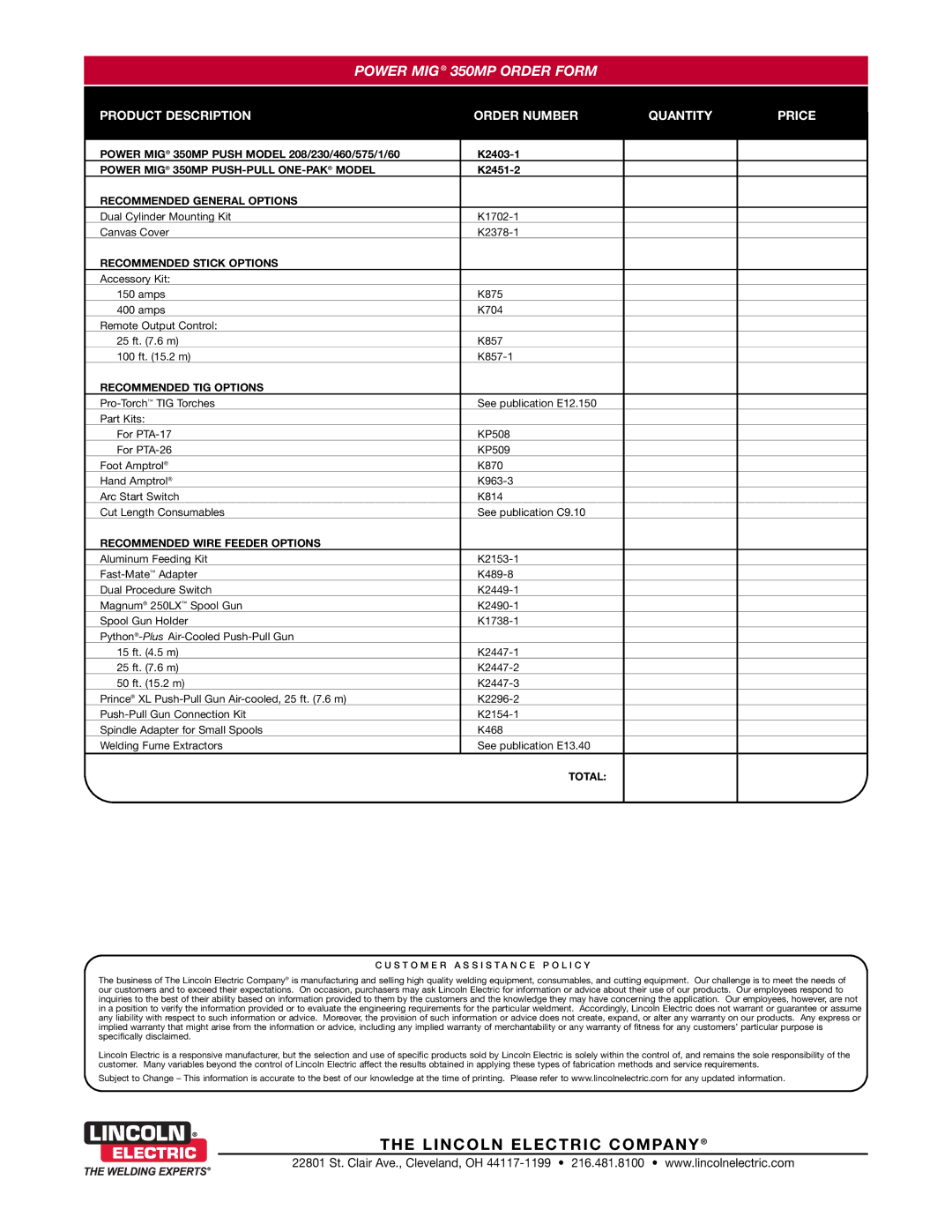 Lincoln Electric 350MP warranty LI NCO LN ELE CT RIC CO Mpan Y 