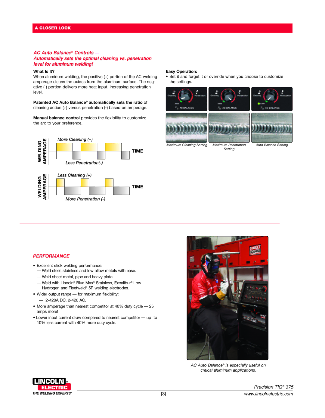 Lincoln Electric 375 Lan Trols, Ing, Performance, Patented AC Auto Balance automatically sets the ratio, Easy Operation 