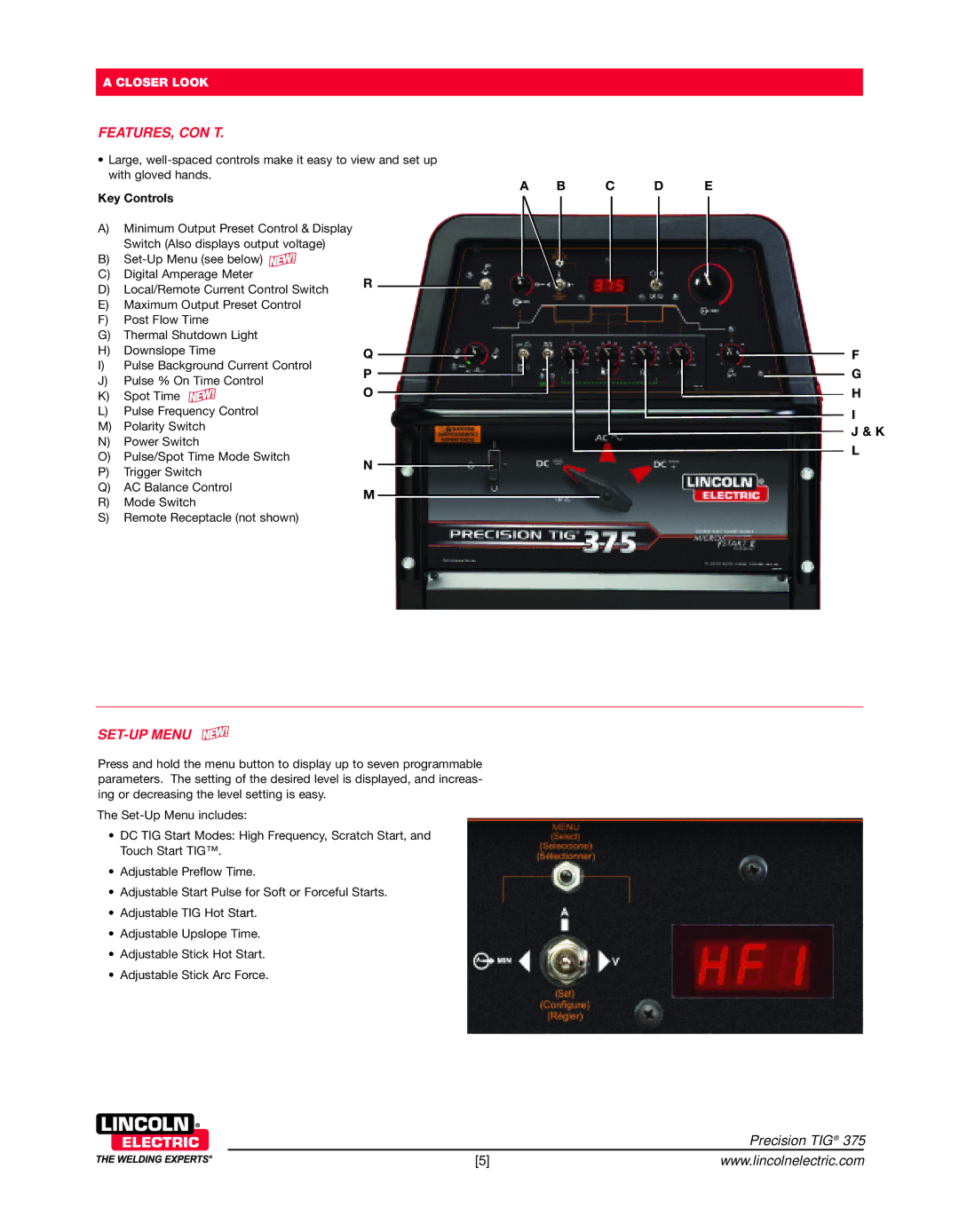 Lincoln Electric 375 warranty Set- U P Me Nu, C D E, Key Controls 