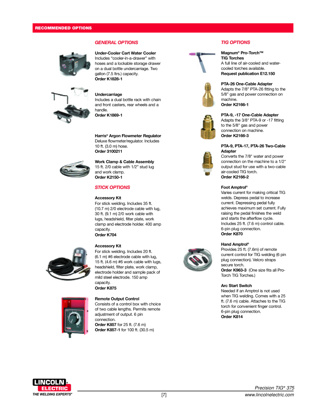 Lincoln Electric 375 warranty General Options, Stick Options, TIG Options 