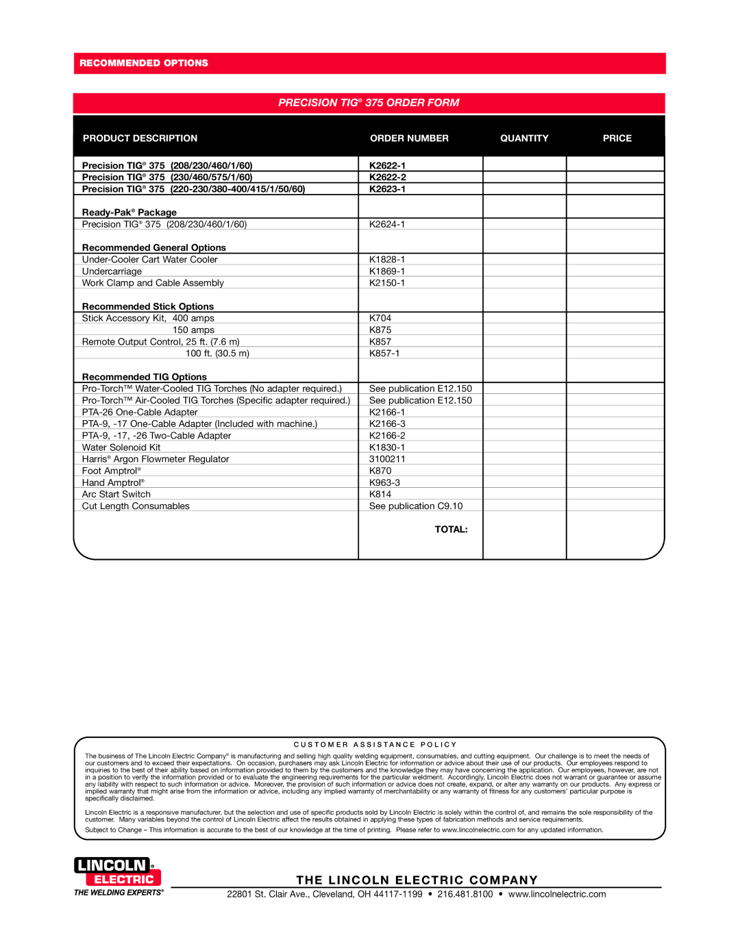 Lincoln Electric 375 warranty Recommended General Options, Recommended Stick Options, Recommended TIG Options, Total 