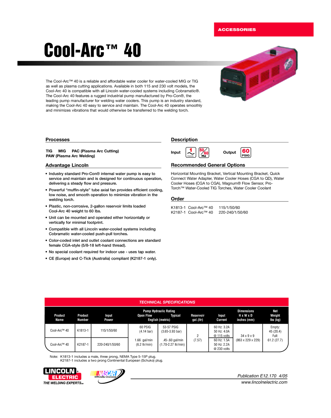 Lincoln Electric 40 technical specifications Processes, Advantage Lincoln, Description, Recommended General Options, Order 