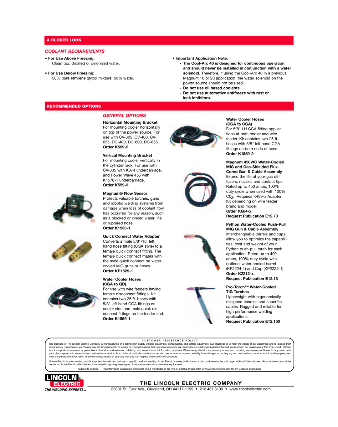 Lincoln Electric 40 technical specifications Coolant Requirements, General Options 