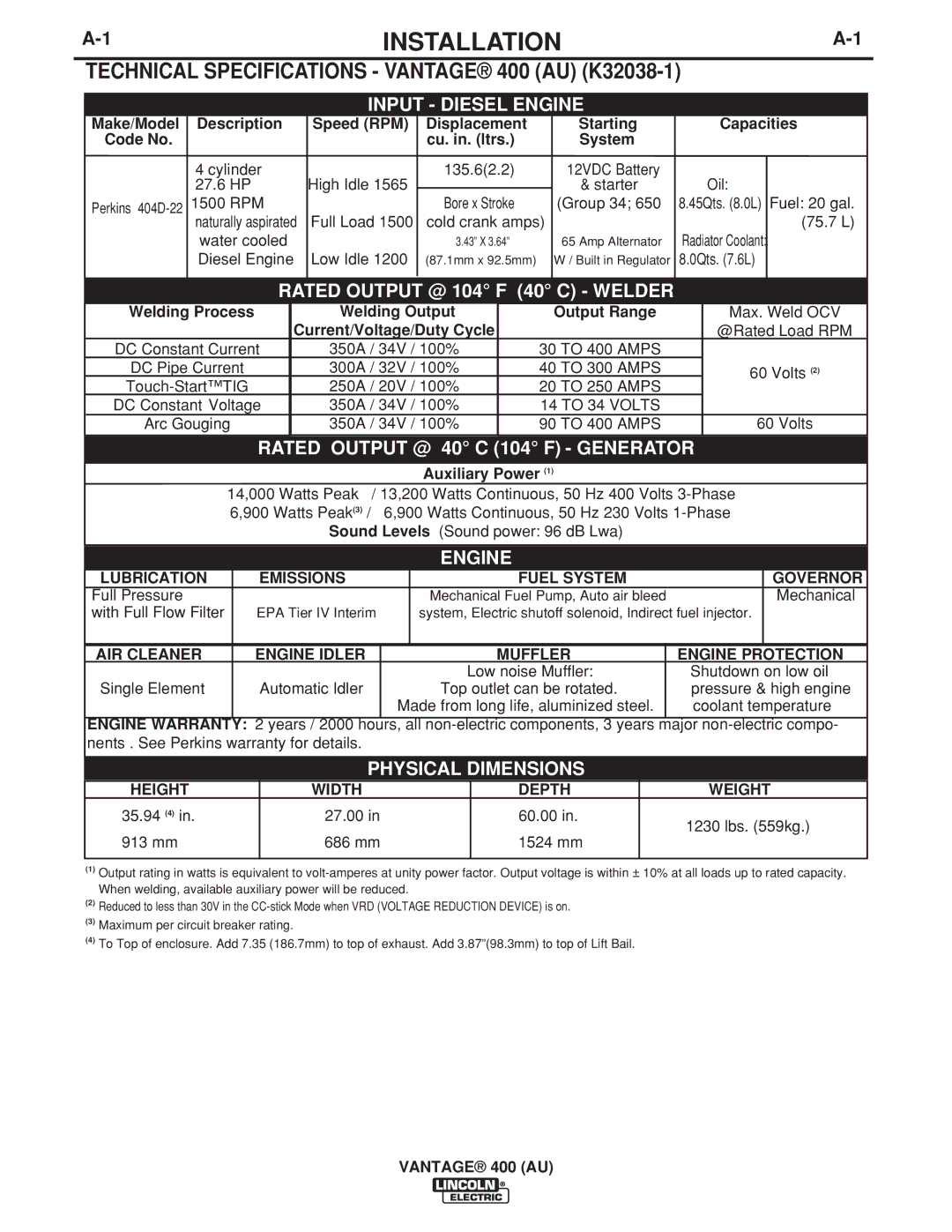 Lincoln Electric 400 (AU) manual Installation, Technical Specifications Vantage 400 AU K32038-1 