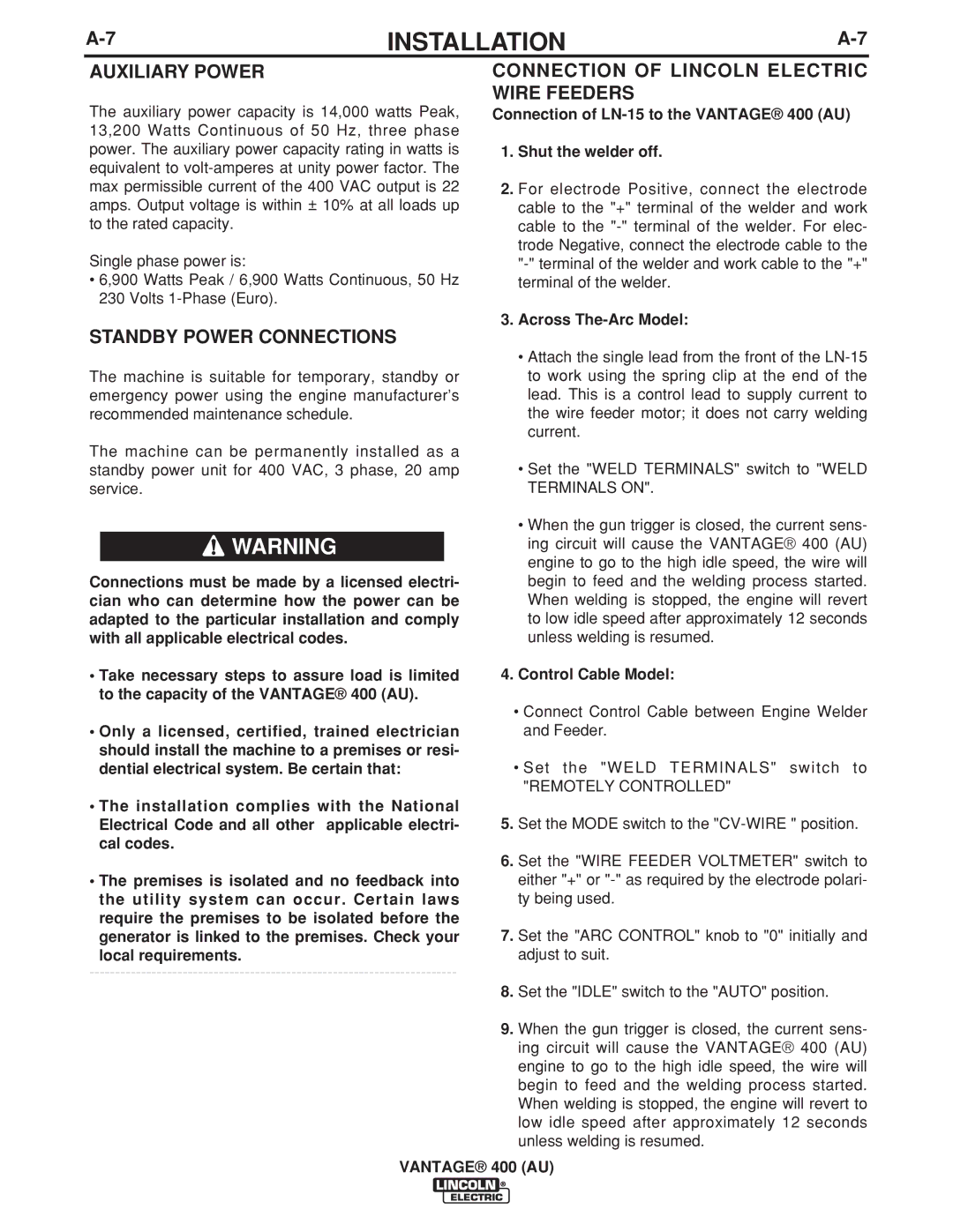 Lincoln Electric 400 (AU) manual Auxiliary Power, Across The-Arc Model, Control Cable Model 