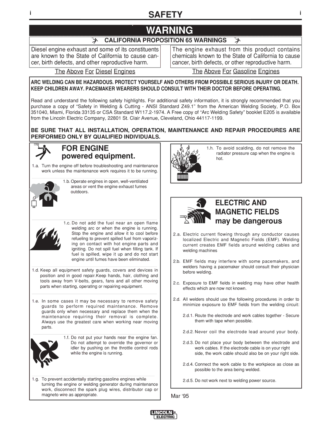 Lincoln Electric 400 (AU) manual Safety, California Proposition 65 Warnings 