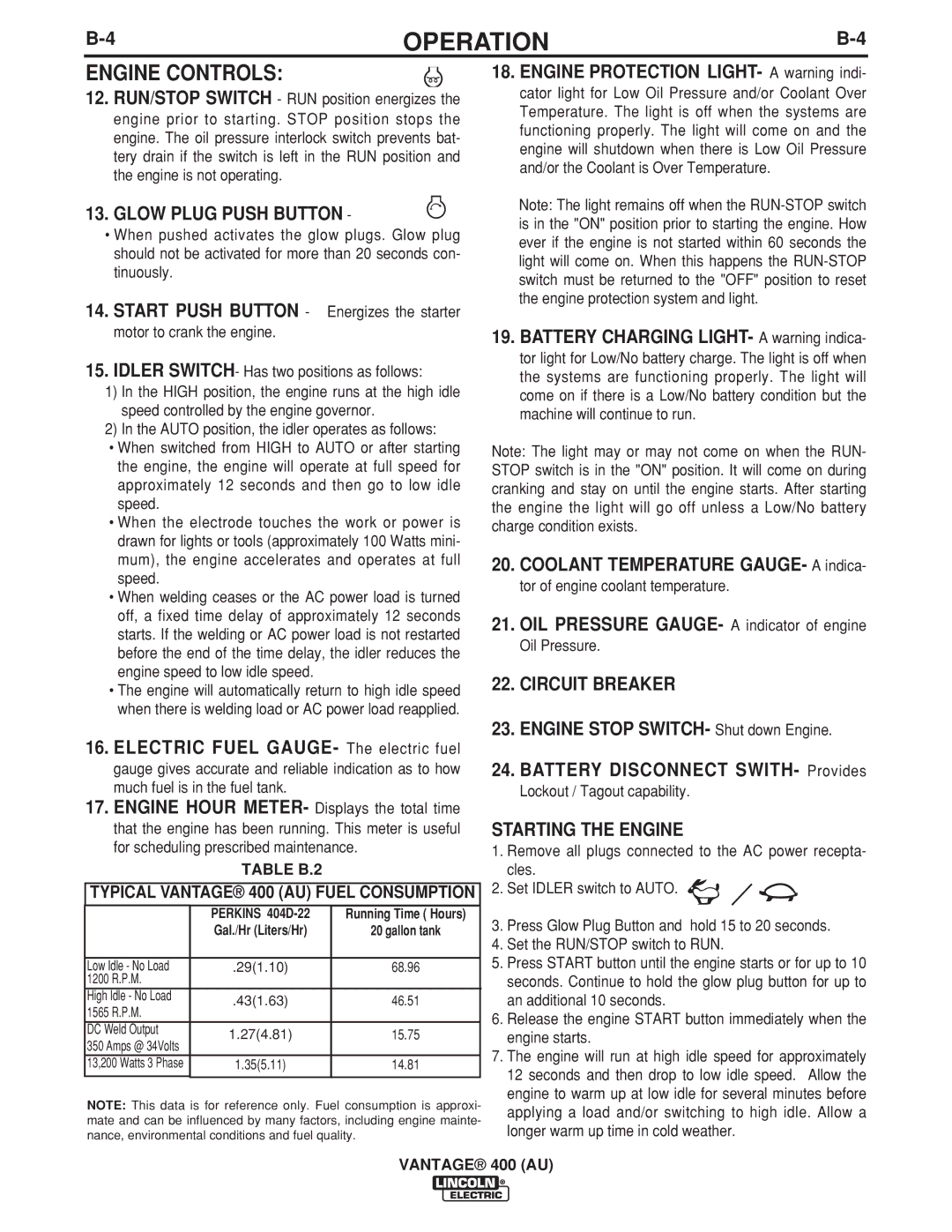 Lincoln Electric 400 (AU) manual Engine Controls, Glow Plug Push Button, Circuit Breaker, Starting the Engine 