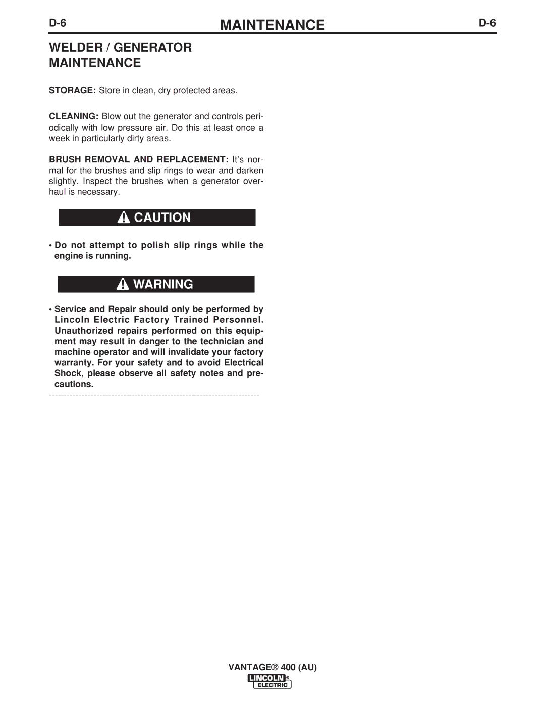 Lincoln Electric 400 (AU) manual Welder / Generator Maintenance 