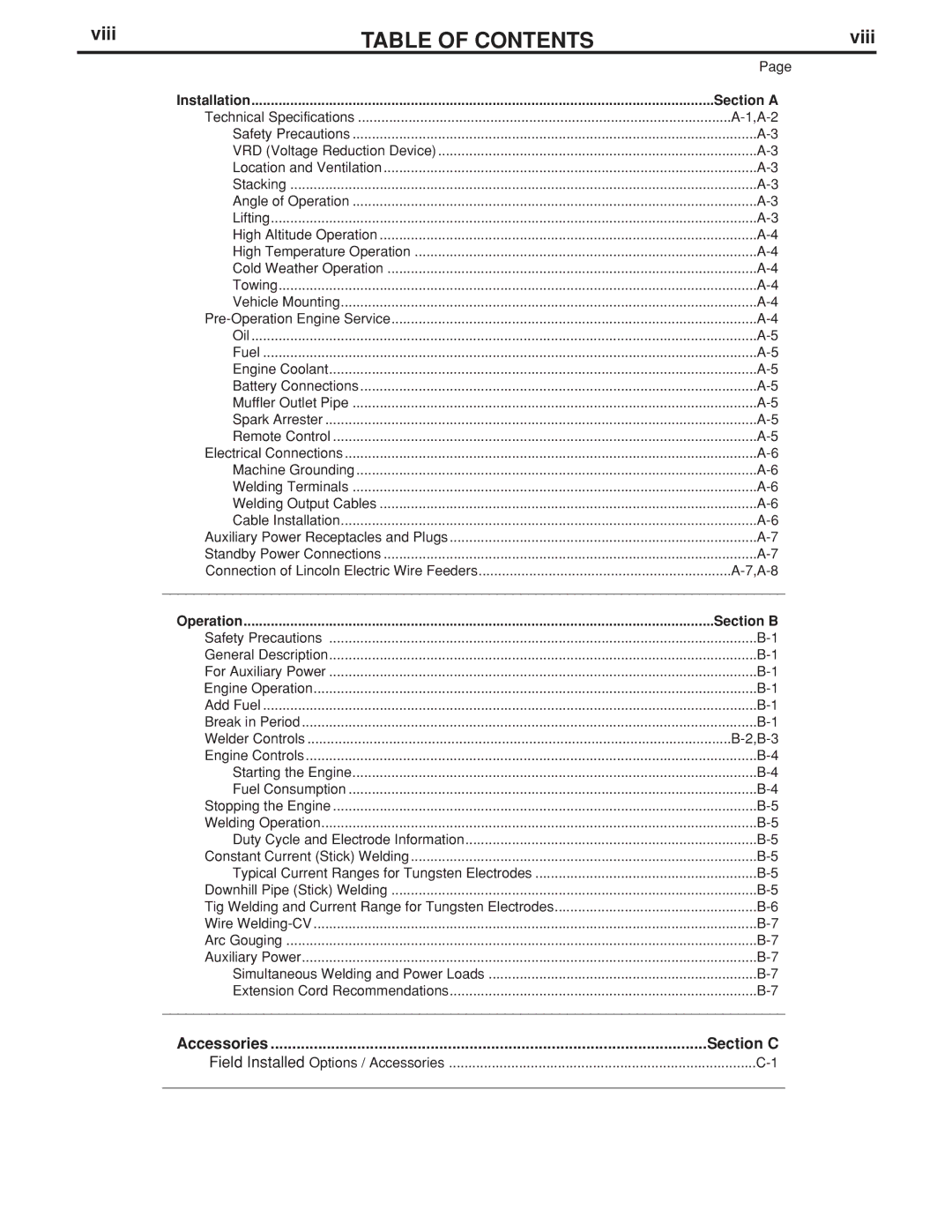 Lincoln Electric 400 (AU) manual Table of Contents 