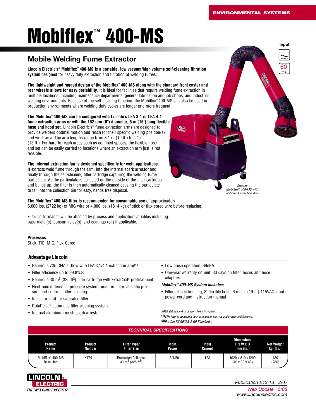 Lincoln Electric warranty Processes, Input, Mobiflex 400-MS System includes 