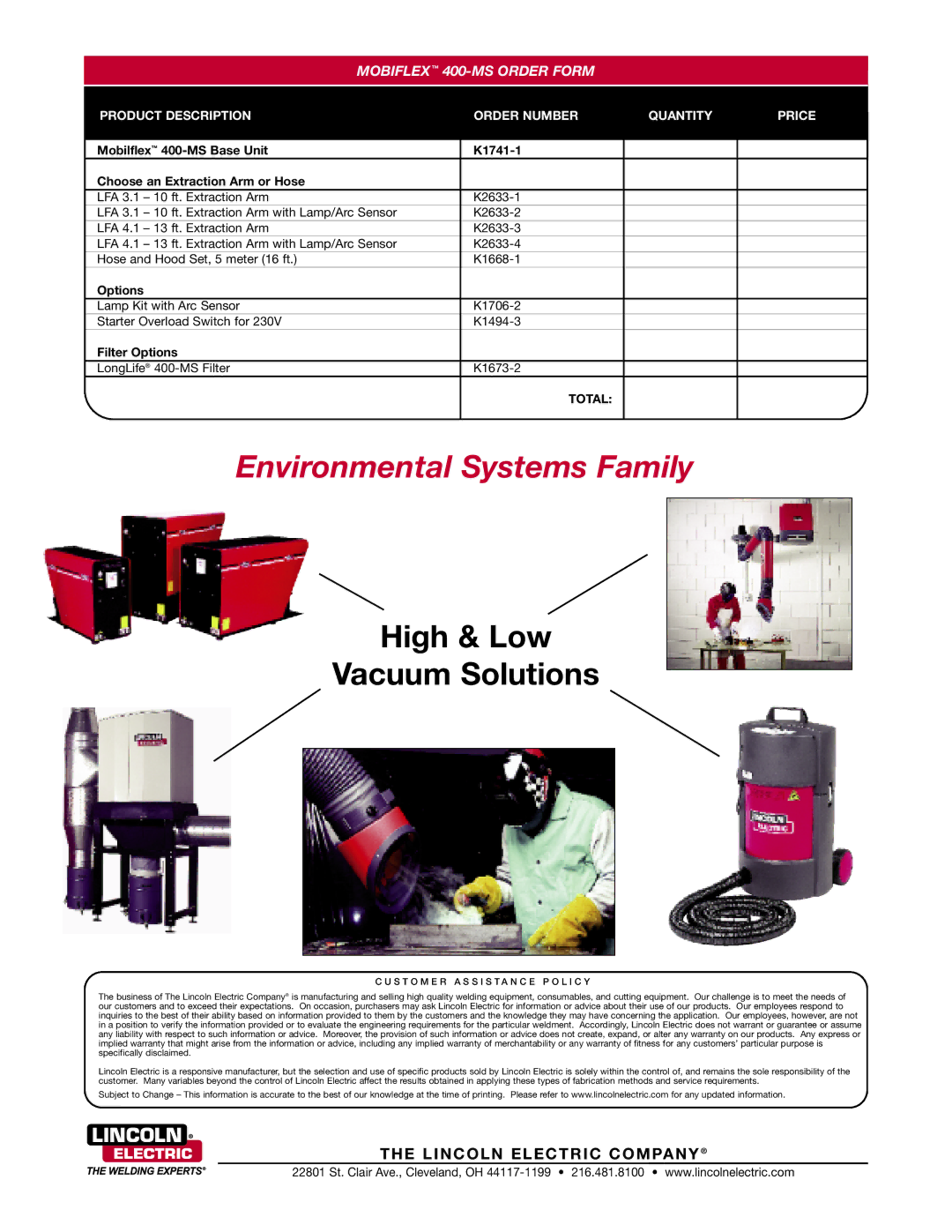 Lincoln Electric 400-MS warranty Filter Options 