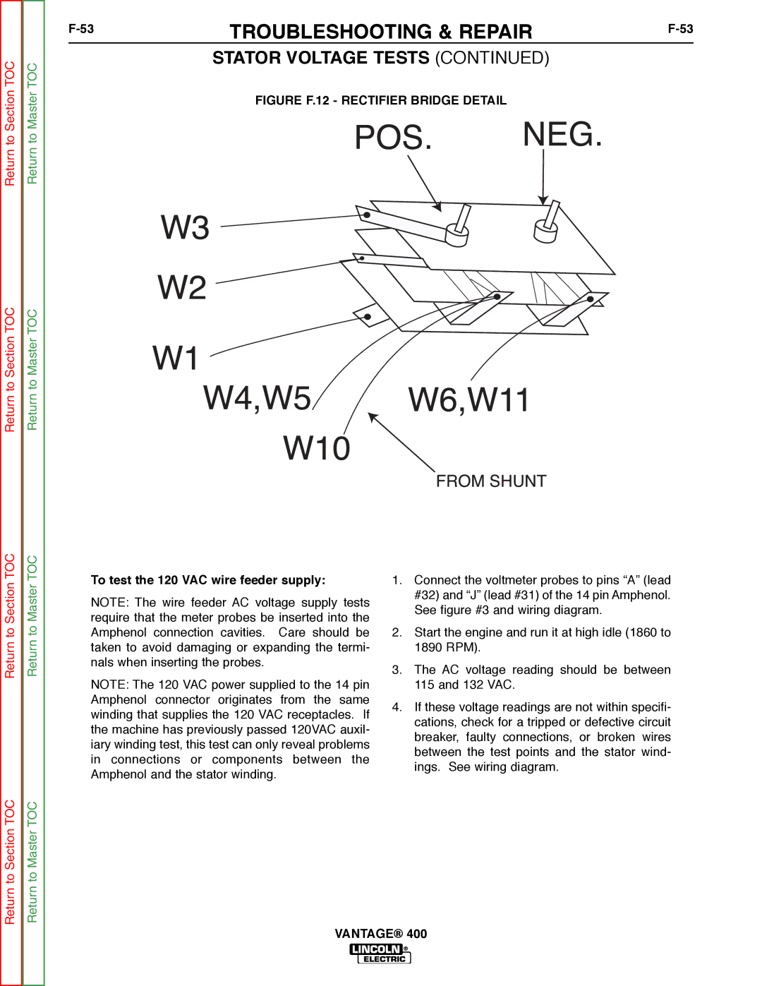 Lincoln Electric 400 service manual Figure F.12 Rectifier Bridge Detail, To test the 120 VAC wire feeder supply 