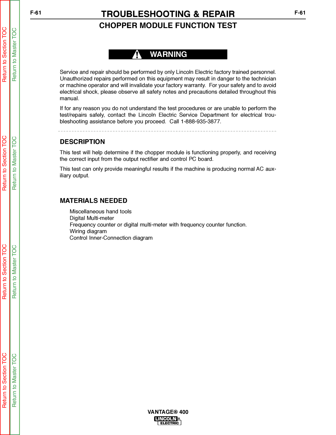 Lincoln Electric 400 service manual Chopper Module Function Test, Description 