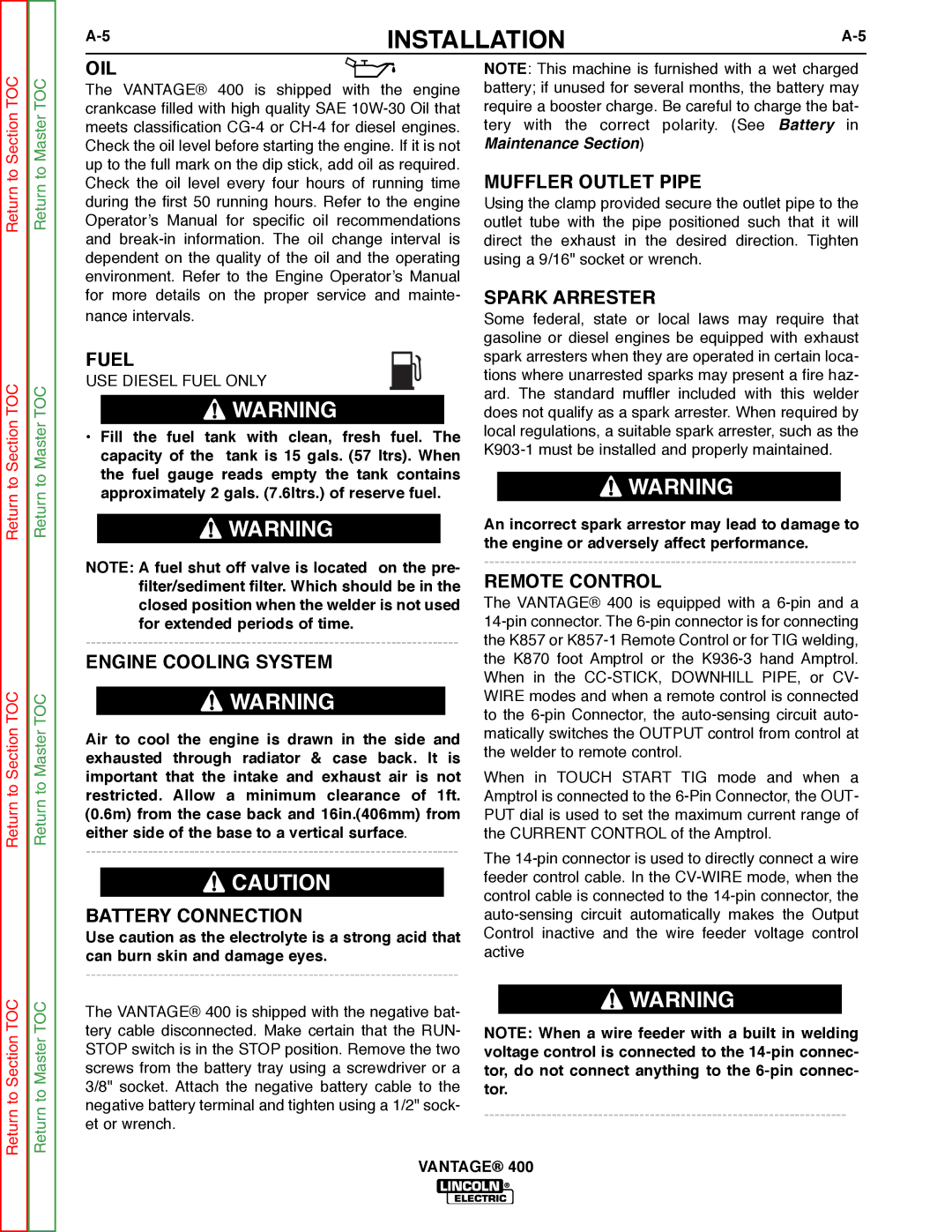 Lincoln Electric 400 Oil, Fuel, Engine Cooling System, Battery Connection, Muffler Outlet Pipe, Spark Arrester 