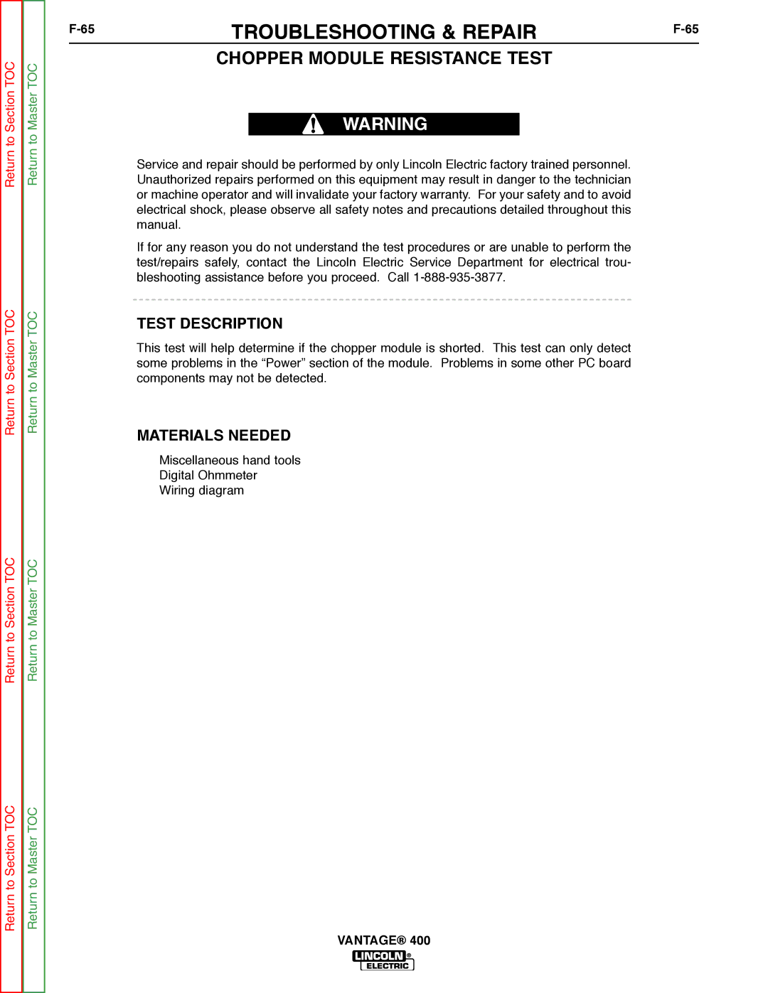 Lincoln Electric 400 service manual Chopper Module Resistance Test, Test Description 