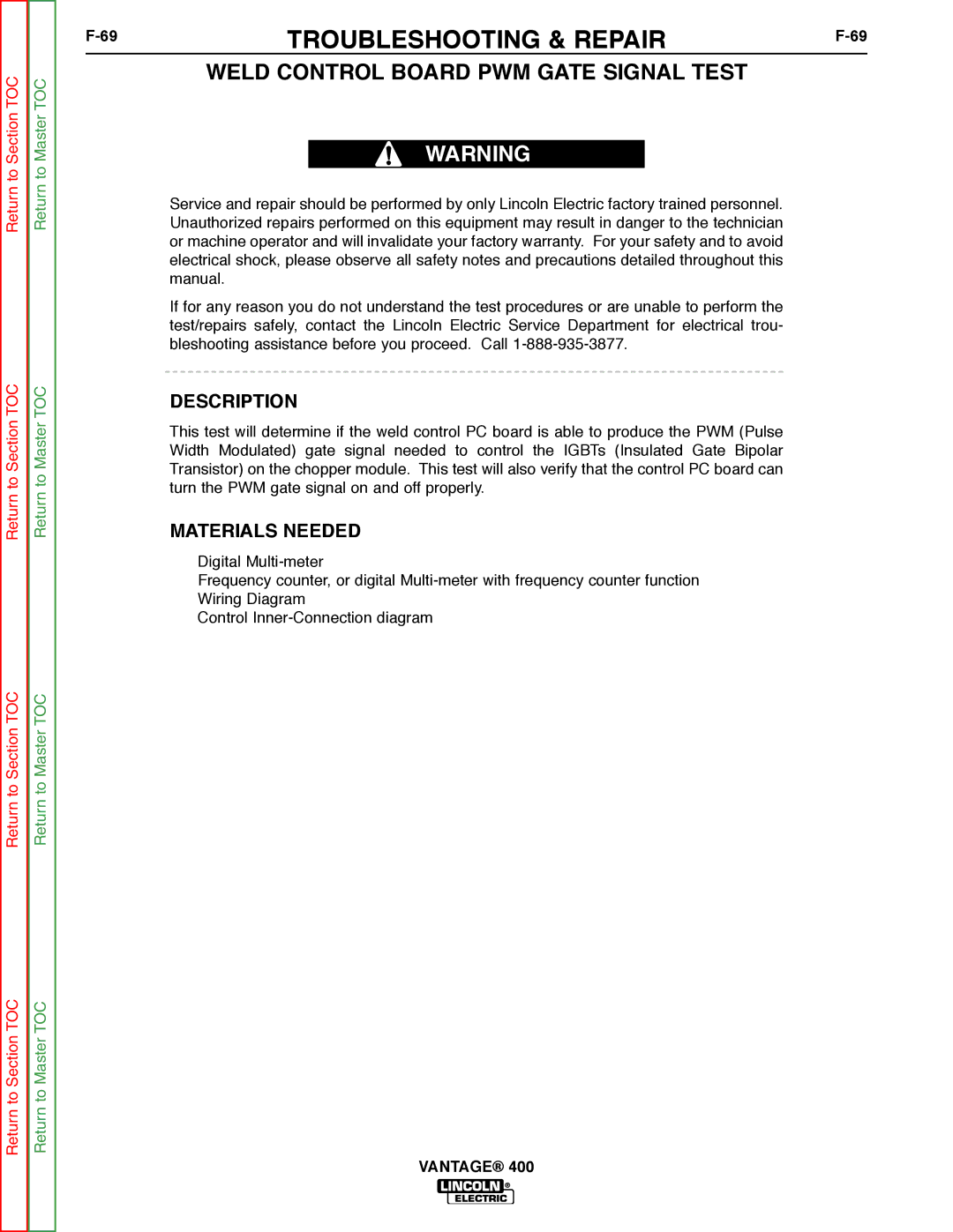 Lincoln Electric 400 service manual Weld Control Board PWM Gate Signal Test, Description 