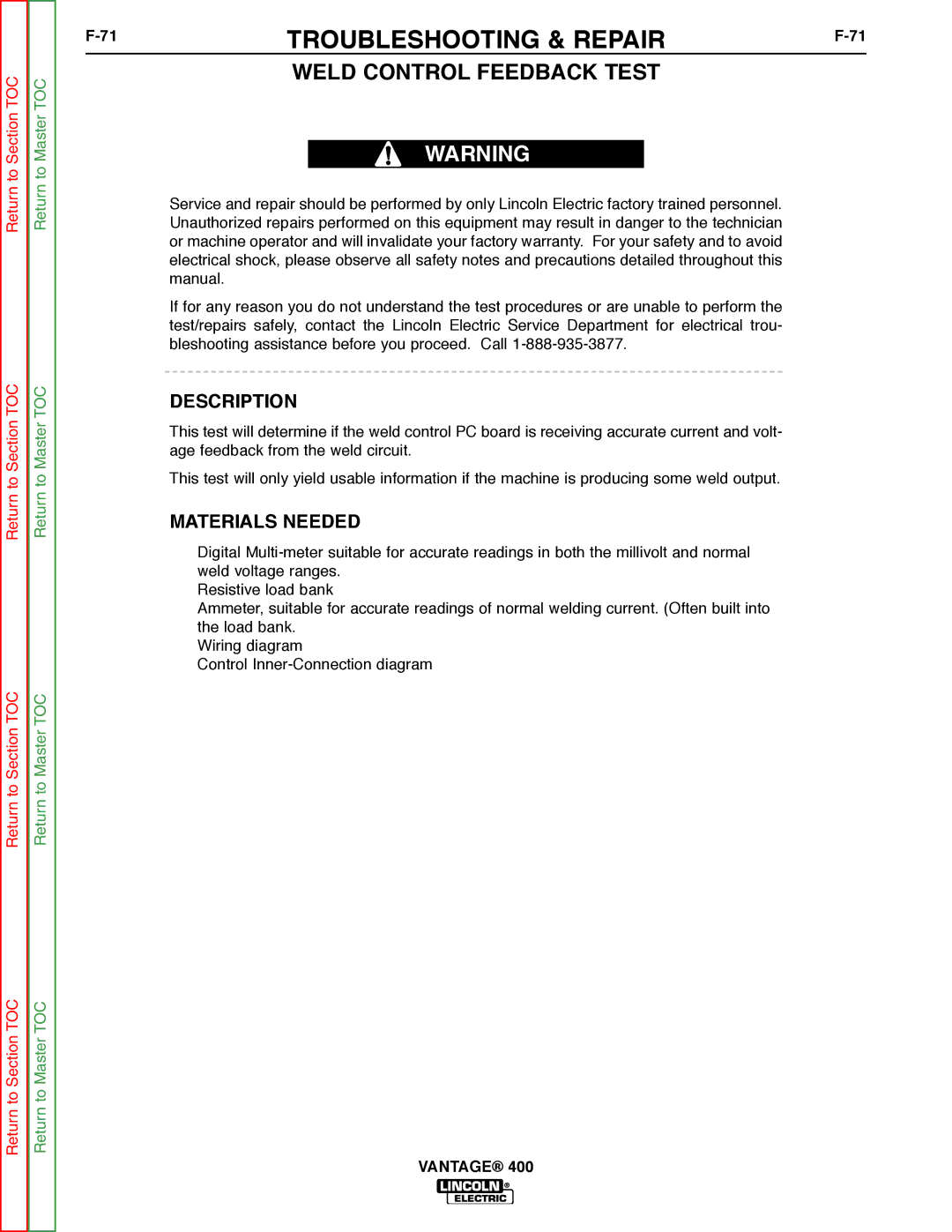 Lincoln Electric 400 service manual Weld Control Feedback Test 