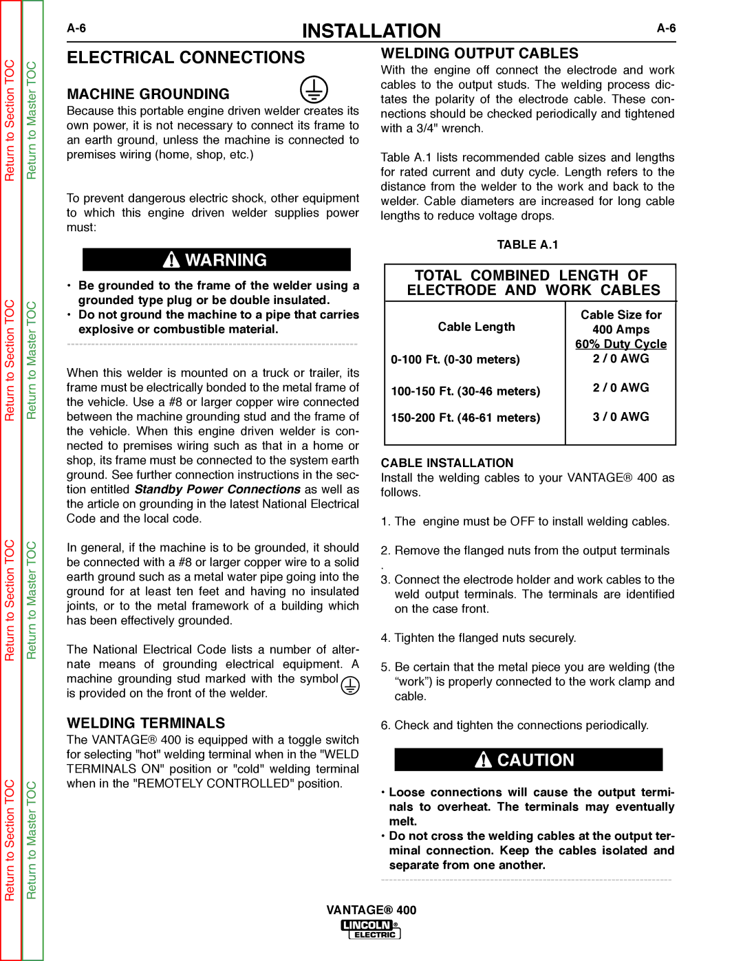 Lincoln Electric 400 service manual Electrical Connections, Machine Grounding, Welding Output Cables, Welding Terminals 