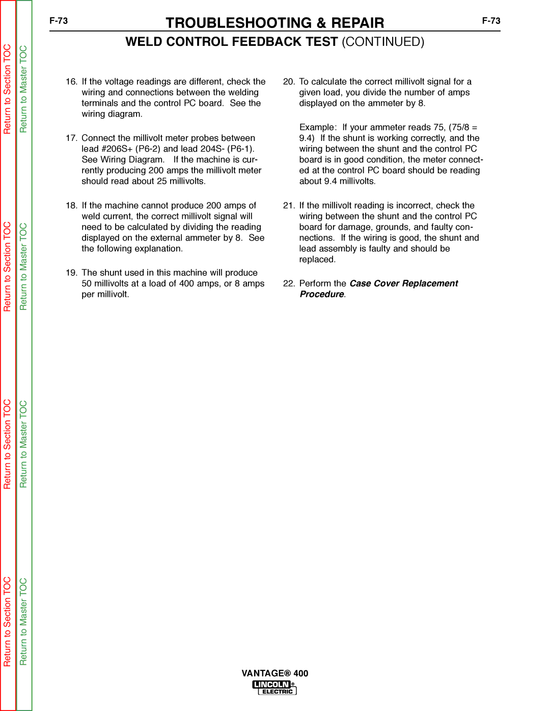 Lincoln Electric 400 service manual Perform the Case Cover Replacement Procedure 