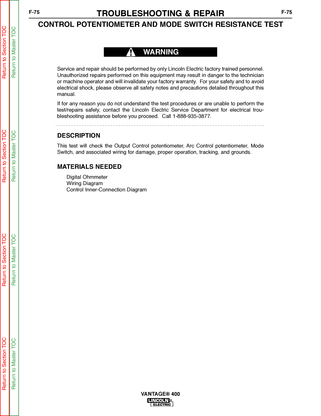 Lincoln Electric 400 service manual Control Potentiometer and Mode Switch Resistance Test, Description 